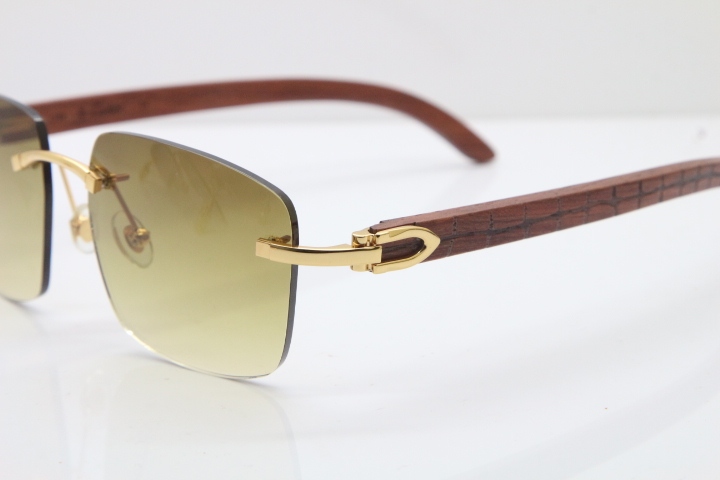 Cartier Rimless Original Carved Wood T8300816 Sunglasses in Gold Brown Lens Hot