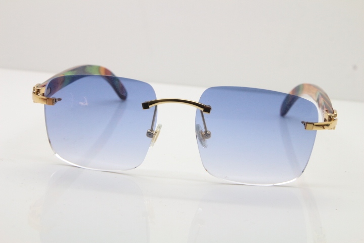 Cartier Rimless Original Peacock Wood T8300816 Sunglasses in Gold Blue Lens Ho