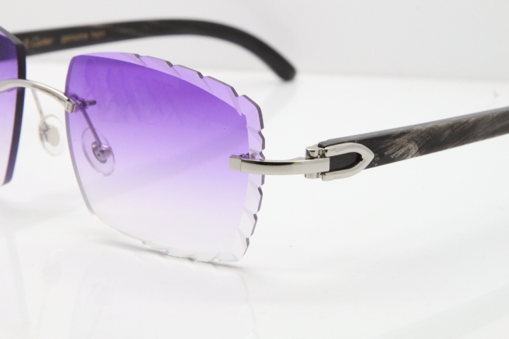 Cartier Rimless Original Black Flower Buffalo Horn 8300816 Buffs Sunglasses In Gold Purple Carved Lens（New）