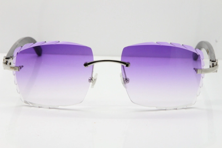 Cartier Rimless Original Black Flower Buffalo Horn 8300816 Buffs Sunglasses In Gold Purple Carved Lens（New）