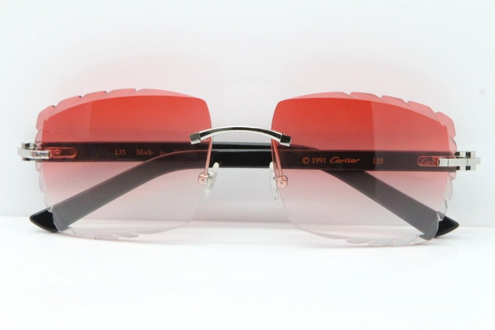 Cartier Rimless Aztec Arms 8300816 Carved Lens Sunglasses In Gold Red Lens