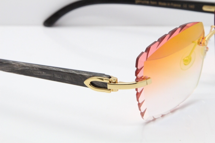 Cartier Rimless Original Black Flower Buffalo Horn 8300816 Sunglasses In Gold Red Mirror Carved Lens