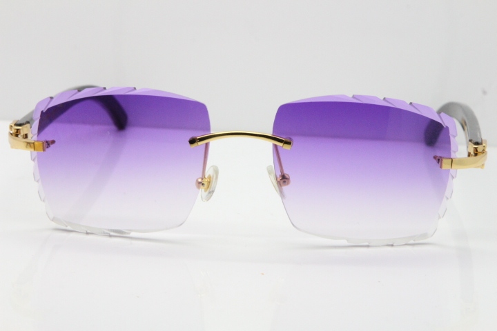 Cartier Rimless Original Black Flower Buffalo Horn 8300816 Buffs Sunglasses In Gold Purple Carved Lens（New）