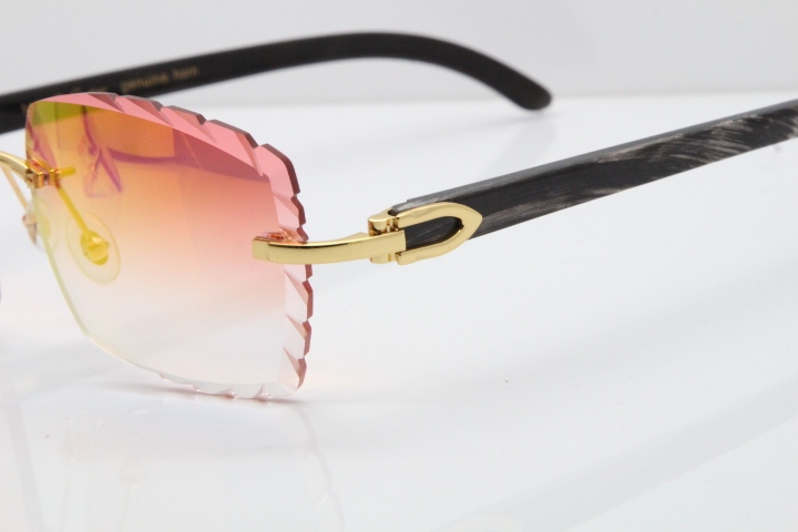 Cartier Rimless Original Black Flower Buffalo Horn 8300816 Sunglasses In Gold Red Mirror Carved Lens