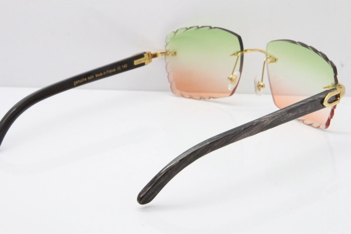 Cartier Rimless Original Black Flower Buffalo Horn 8300816 Sunglasses In Gold Green Mix Brown Carved Lens