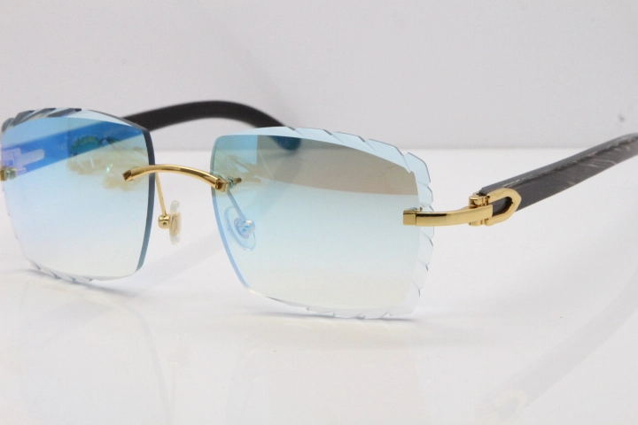 Cartier Rimless Original Black Flower Buffalo Horn 8300816 Sunglasses In Gold Ice Blue Carved Lens