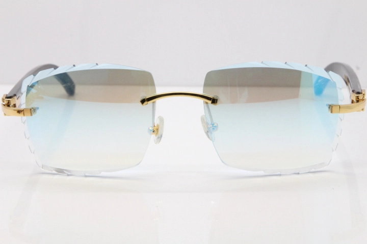 Cartier Rimless Original Black Flower Buffalo Horn 8300816 Sunglasses In Gold Ice Blue Carved Lens