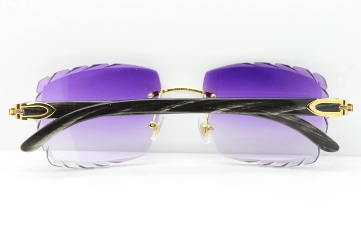 Cartier Rimless Original Black Flower Buffalo Horn 8300816 Buffs Sunglasses In Gold Purple Carved Lens（New）