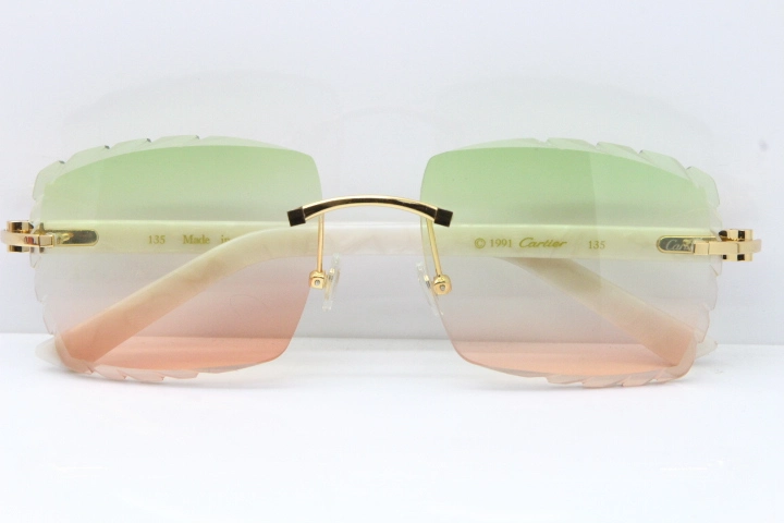 Cartier Rimless Aztec Arms 8300816 Carved Lens Sunglasses In Gold Green Mix Brown Lens