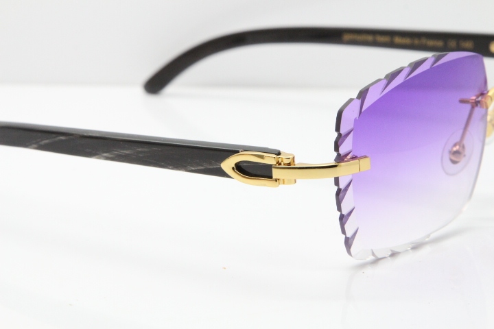 Cartier Rimless Original Black Flower Buffalo Horn 8300816 Buffs Sunglasses In Gold Purple Carved Lens（New）