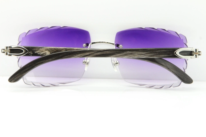 Cartier Rimless Original Black Flower Buffalo Horn 8300816 Buffs Sunglasses In Gold Purple Carved Lens（New）