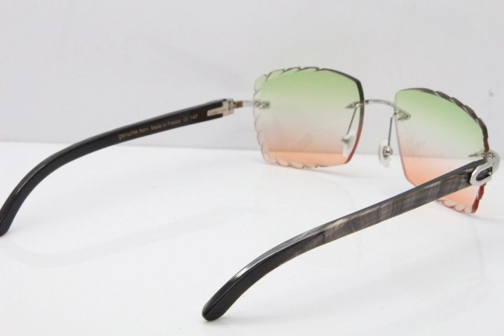 Cartier Rimless Original Black Flower Buffalo Horn 8300816 Sunglasses In Gold Green Mix Brown Carved Lens