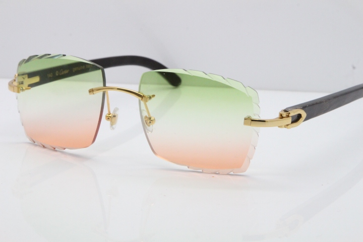 Cartier Rimless Original Black Flower Buffalo Horn 8300816 Sunglasses In Gold Green Mix Brown Carved Lens