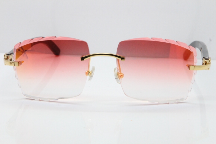 Cartier Rimless Original Black Flower Buffalo Horn 8300816 Sunglasses In Gold Red Mirror Carved Lens