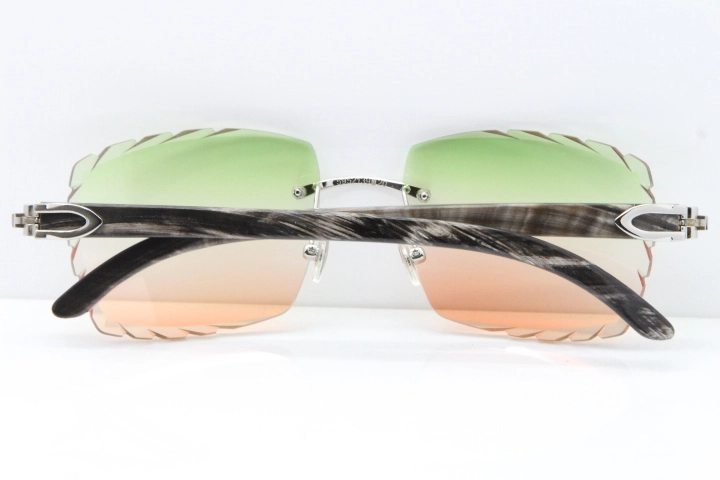 Cartier Rimless Original Black Flower Buffalo Horn 8300816 Sunglasses In Gold Green Mix Brown Carved Lens