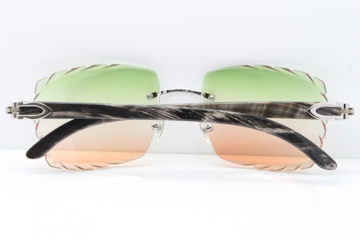 Cartier Rimless Original Black Flower Buffalo Horn 8300816 Sunglasses In Gold Green Mix Brown Carved Lens