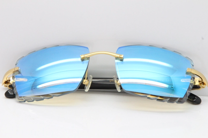 Cartier Rimless Original Black Flower Buffalo Horn 8300816 Sunglasses In Gold Ice Blue Carved Lens