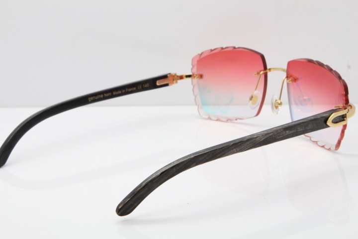 Cartier Rimless Original Black Flower Buffalo Horn 8300816 Sunglasses In Gold Red Mirror Carved Lens