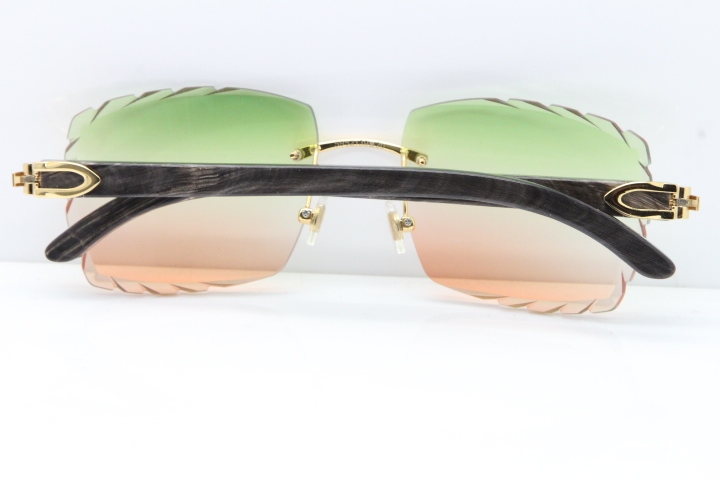 Cartier Rimless Original Black Flower Buffalo Horn 8300816 Sunglasses In Gold Green Mix Brown Carved Lens