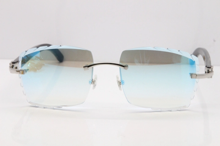 Cartier Rimless Original Black Flower Buffalo Horn 8300816 Sunglasses In Gold Ice Blue Carved Lens