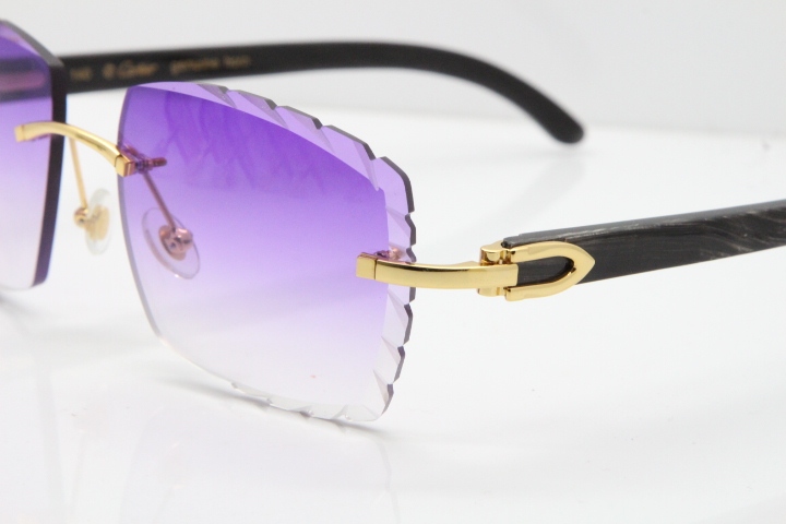 Cartier Rimless Original Black Flower Buffalo Horn 8300816 Buffs Sunglasses In Gold Purple Carved Lens（New）