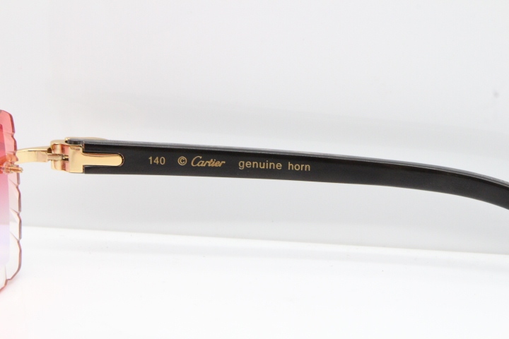 Cartier Rimless Original Black Flower Buffalo Horn 8300816 Sunglasses In Gold Red Mirror Carved Lens