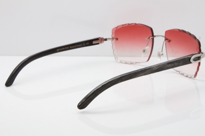 Cartier Rimless Original Black Flower Buffalo Horn 8300816 Buffs Sunglasses In Gold Red Carved Lens