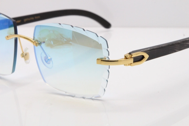 Cartier Rimless Original Black Flower Buffalo Horn 8300816 Sunglasses In Gold Ice Blue Carved Lens