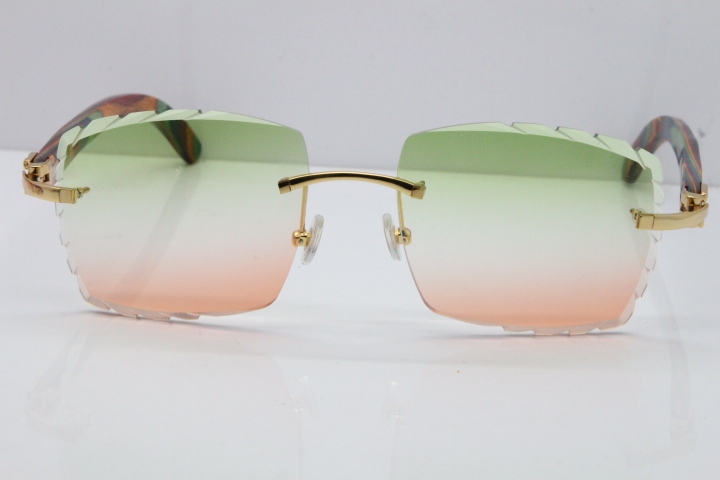 Cartier Rimless 8300816 Original Peacock Wood Sunglasses In Gold Green Mix Brown Carved Lens