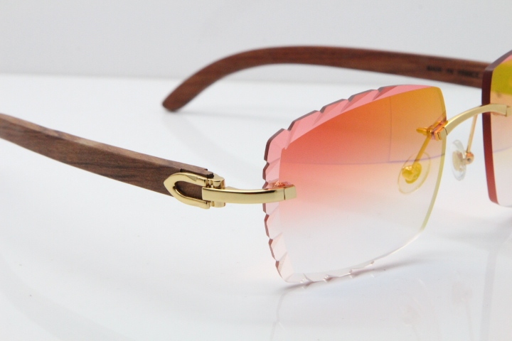 Cartier Rimless 8300816 Original Wood Sunglasses In Gold Mirror Red Carved Lens