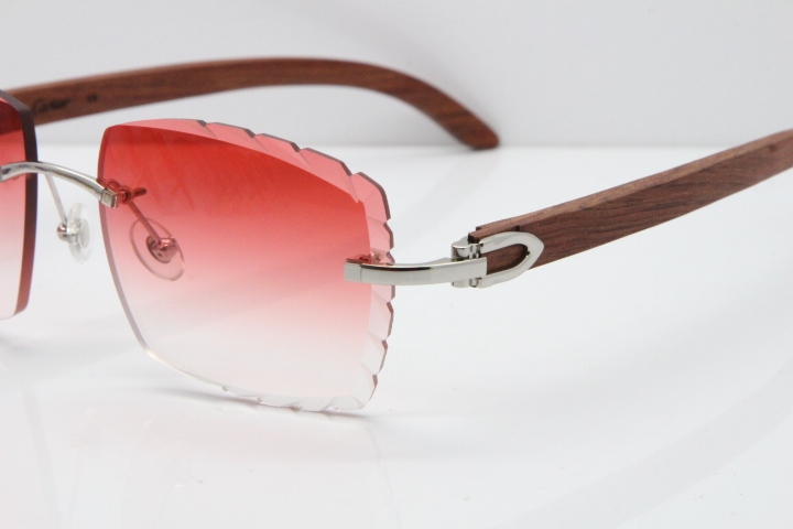 Cartier Rimless 8300816 Original Wood Sunglasses In Gold Red Carved Lens