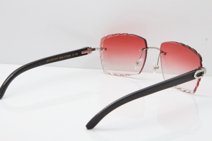 Cartier Rimless 8300816 Original Black Buffalo Horn Sunglasses In Gold Red Lens Carved Lens