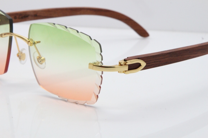 Cartier Rimless 8300816 Original Wood Sunglasses In Gold Green Mix Brown Carved Lens