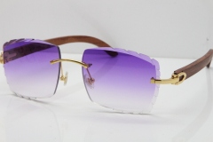 Cartier Rimless 8300816 Original Wood Sunglasses In Gold Purple Carved Lens