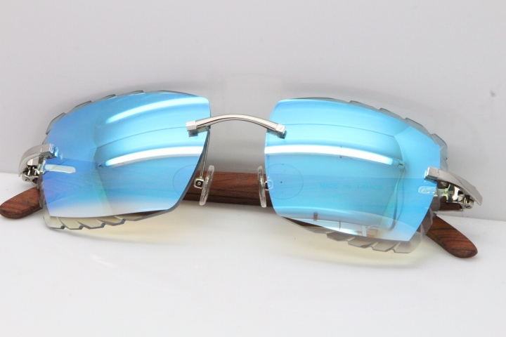 Cartier Rimless 8300816 Original Wood Sunglasses In Gold Ice Blue Carved Lens