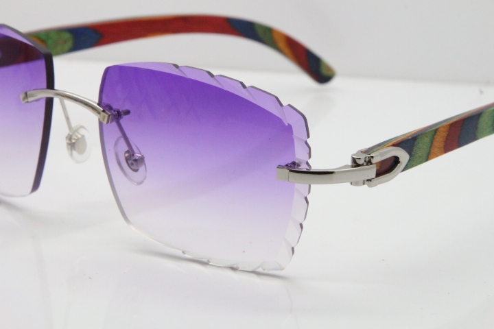 Cartier Rimless 8300816 Original Peacock Wood Sunglasses In Gold Purple Carved Lens