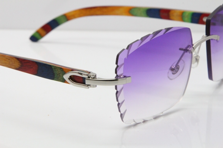 Cartier Rimless 8300816 Original Peacock Wood Sunglasses In Gold Purple Carved Lens