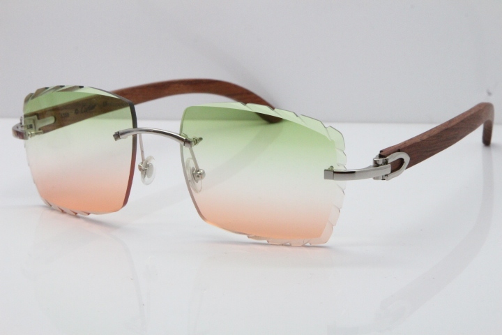 Cartier Rimless 8300816 Original Wood Sunglasses In Gold Green Mix Brown Carved Lens