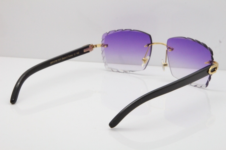 Cartier Rimless 8300816 Original Black Buffalo Horn Sunglasses In Gold Purple Carved Lens