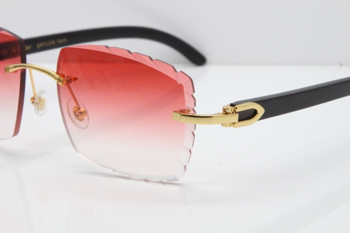 Cartier Rimless 8300816 Original Black Buffalo Horn Sunglasses In Gold Red Lens Carved Lens