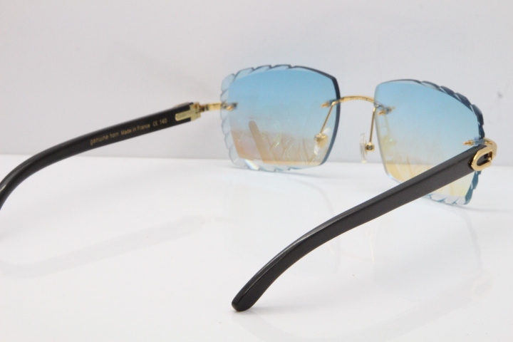 Cartier Rimless 8300816 Original Black Buffalo Horn Sunglasses In Gold Ice Blue Carved Lens