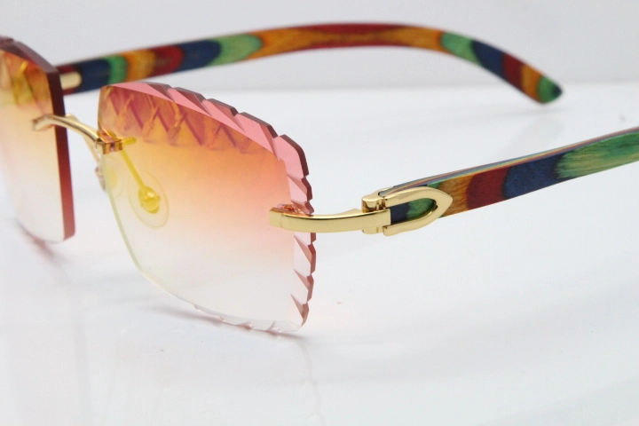 Cartier Rimless 8300816 Original Peacock Wood Sunglasses In Gold Mirror Red Carved Lens