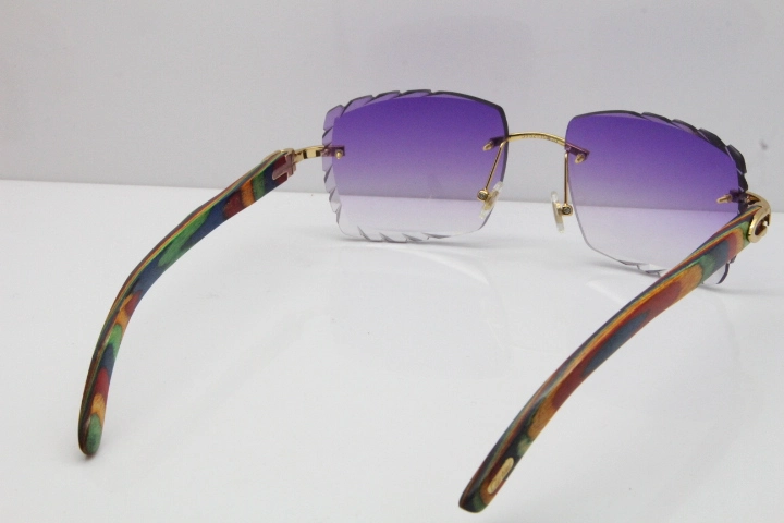 Cartier Rimless 8300816 Original Peacock Wood Sunglasses In Gold Purple Carved Lens
