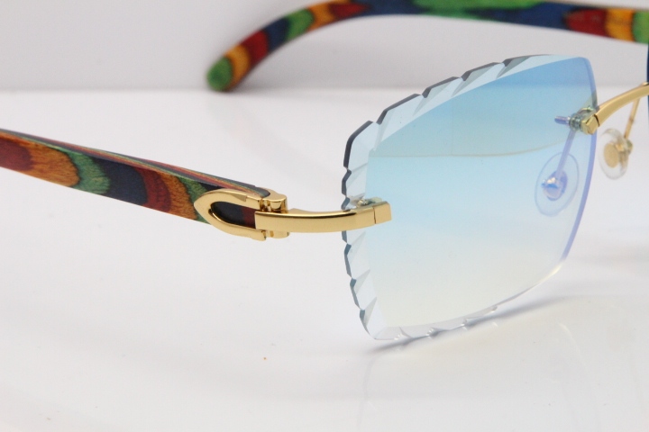 Cartier Rimless 8300816 Original Peacock Wood Sunglasses In Gold Ice Blue Carved Lens