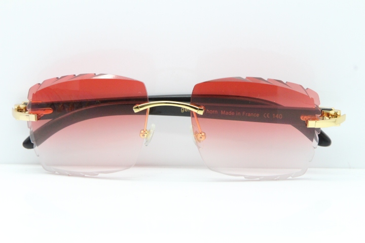 Cartier Rimless 8300816 Original Black Buffalo Horn Sunglasses In Gold Red Lens Carved Lens