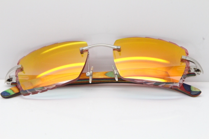 Cartier Rimless 8300816 Original Peacock Wood Sunglasses In Gold Mirror Red Carved Lens