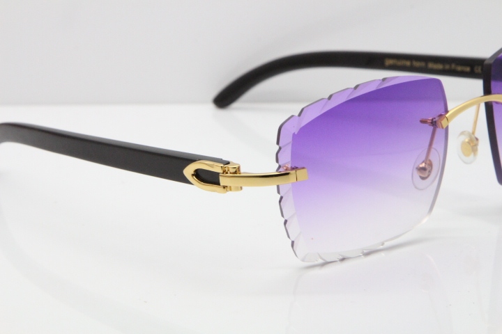 Cartier Rimless 8300816 Original Black Buffalo Horn Sunglasses In Gold Purple Carved Lens