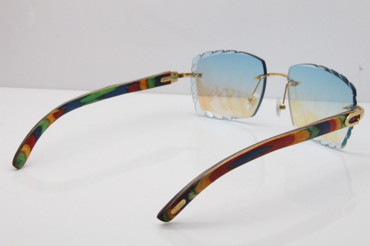 Cartier Rimless 8300816 Original Peacock Wood Sunglasses In Gold Ice Blue Carved Lens