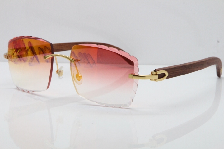 Cartier Rimless 8300816 Original Wood Sunglasses In Gold Mirror Red Carved Lens