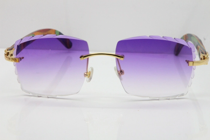 Cartier Rimless 8300816 Original Peacock Wood Sunglasses In Gold Purple Carved Lens